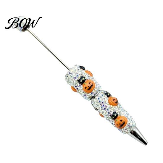 Halloween Beadable Pen Rhinestone Pen, Glitter Plastic Beaded Pumpkin Ghost Skull Writing Gel Ink for DIY Craft Making, School Office Supplies Set