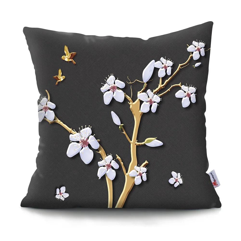 Federa Cuscino Pittura Paesaggistica Cinese Fiori di Prugno Retrò Poliestere Stampato Federa Cuscino Decorazione per la Casa