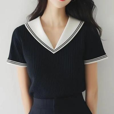 Blusa Tricô Feminina Gola Marinheiro Casual Manga Curta Costurada Slim Fit