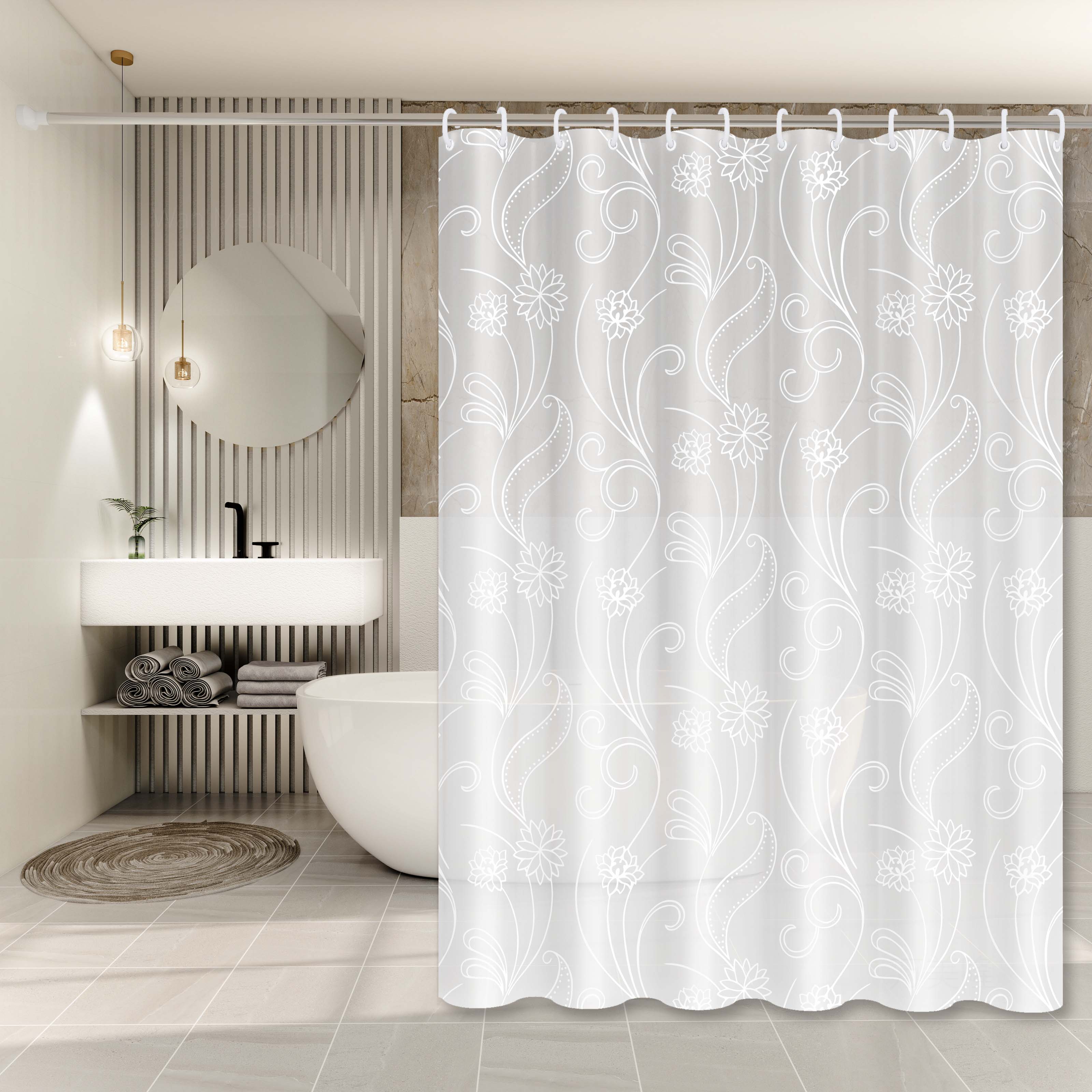 

White Lotus Minimalist Shower Curtain, Fresh Style Bathroom Partition Curtain, Beautiful Curtain For Rental Home Bathroom Renovation W60H190(CM)-1 Pcs