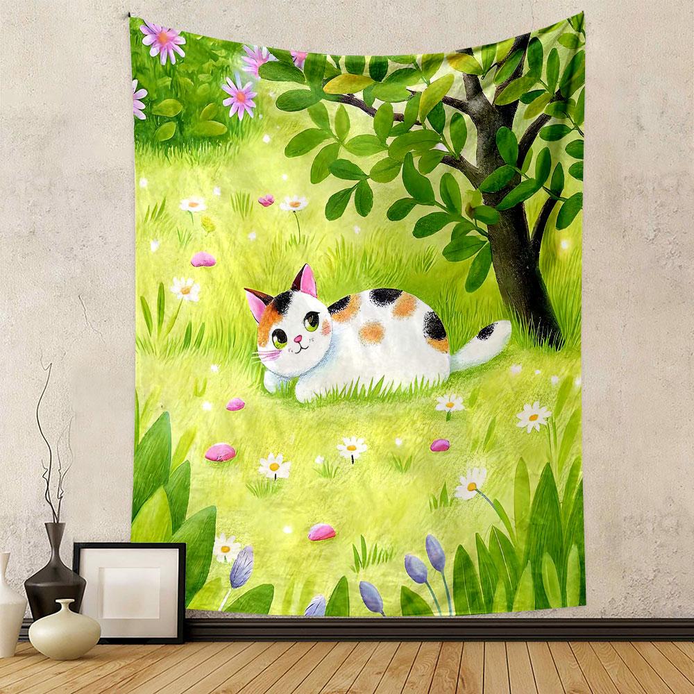 Cute Calico Cat In Flower Meadow Patterned Tapestry Decorative Wall Hanging, Home Bedroom Living Room Decor