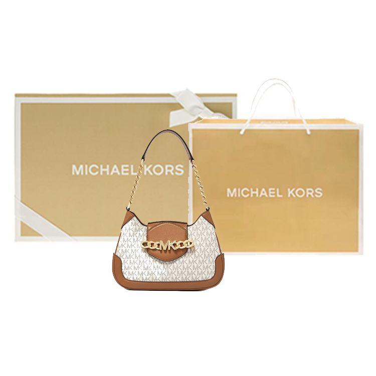 Michael Kors Hally Vintage Logo Color Block Shoulder Bag Women Shoulder Bag Vanilla-White Acorn-Brown 30F1G2HL1B-149