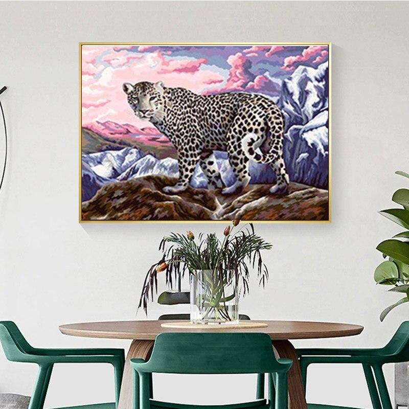 Pictură cu diamant DIY 5D, Leoparzi de zăpadă, broderie de artă cu diamant, peisaj, punct de cruce cu animale, burghiu rotund complet, cadou pentru decorarea casei