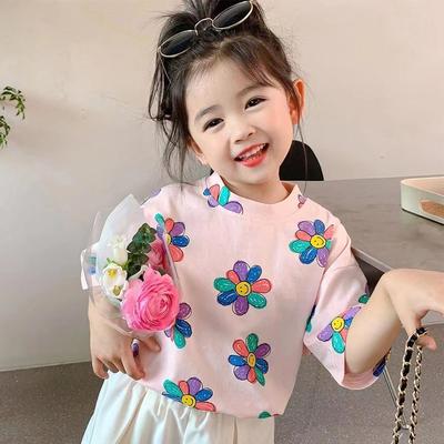 Summer Kids Flower Print Tops Clothes Girls Korean Style Shirt Children Short Sleeve T-shirts Child Casual Comfort T Shirs