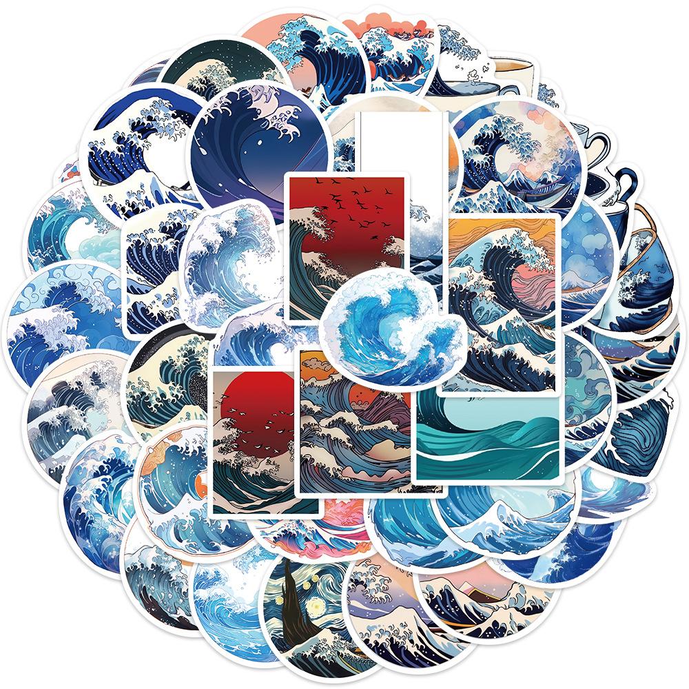 

50 Стикеров Укиё-э Волны, Рябь на воде, Декоративные Наклейки для гитары, блокнота, чемодана, Сделай сам, Водонепроницаемые стикеры