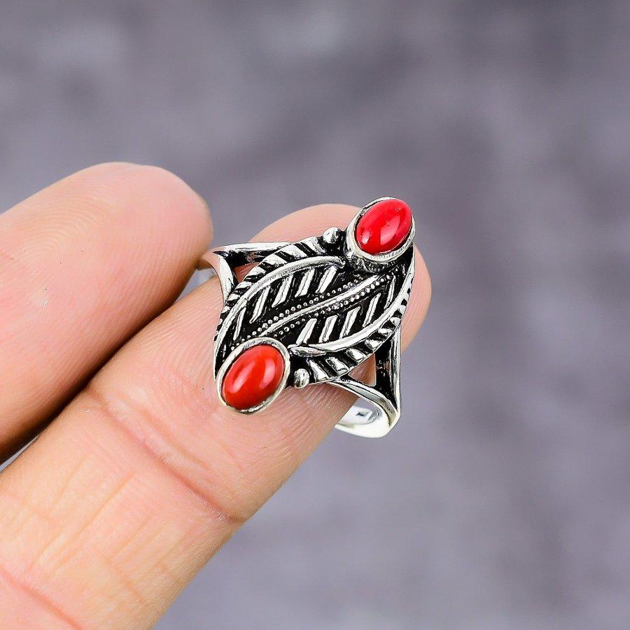 Italian Red Coral Handmade 925 Sterling Silver Jewelry Ring Size 9 w1T23