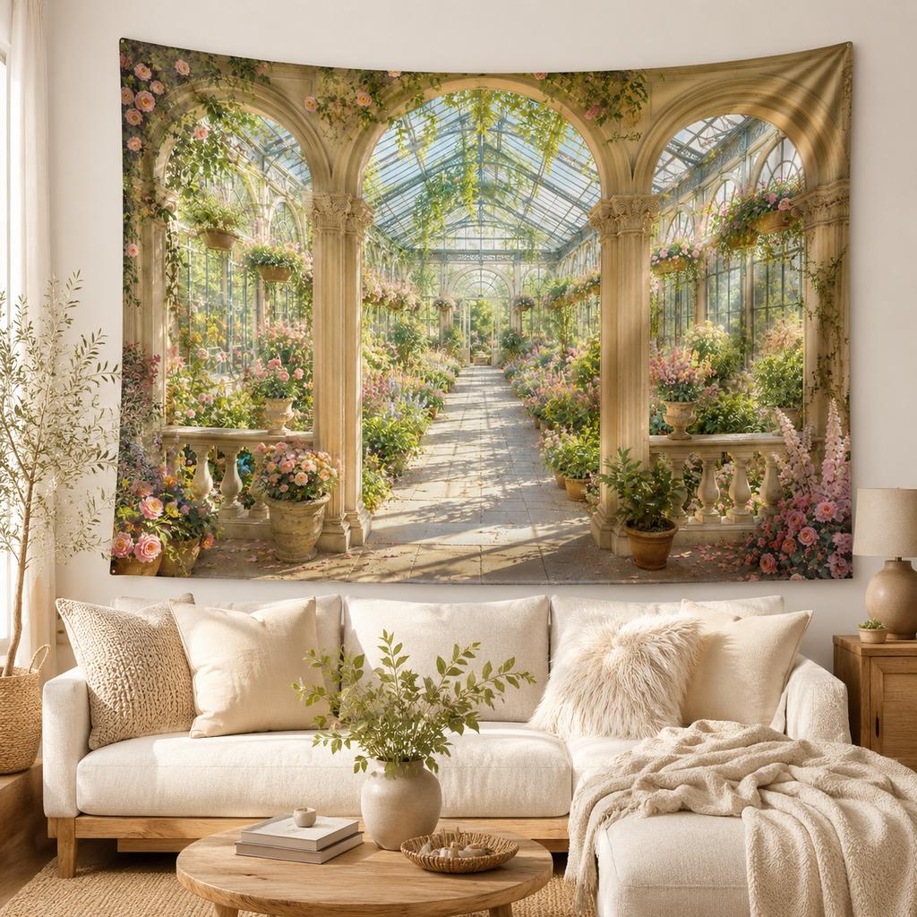 Arched Greenhouse Floral Garden Wall Tapestry Vintage Flower Wall Hanging Aesthetic Living Room Home Decor Housewarming Gift