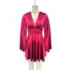 Women Deep V Neck Bell Sleeve Satin Dress Sexy Split Front Mini Dress Party Cocktail Dress