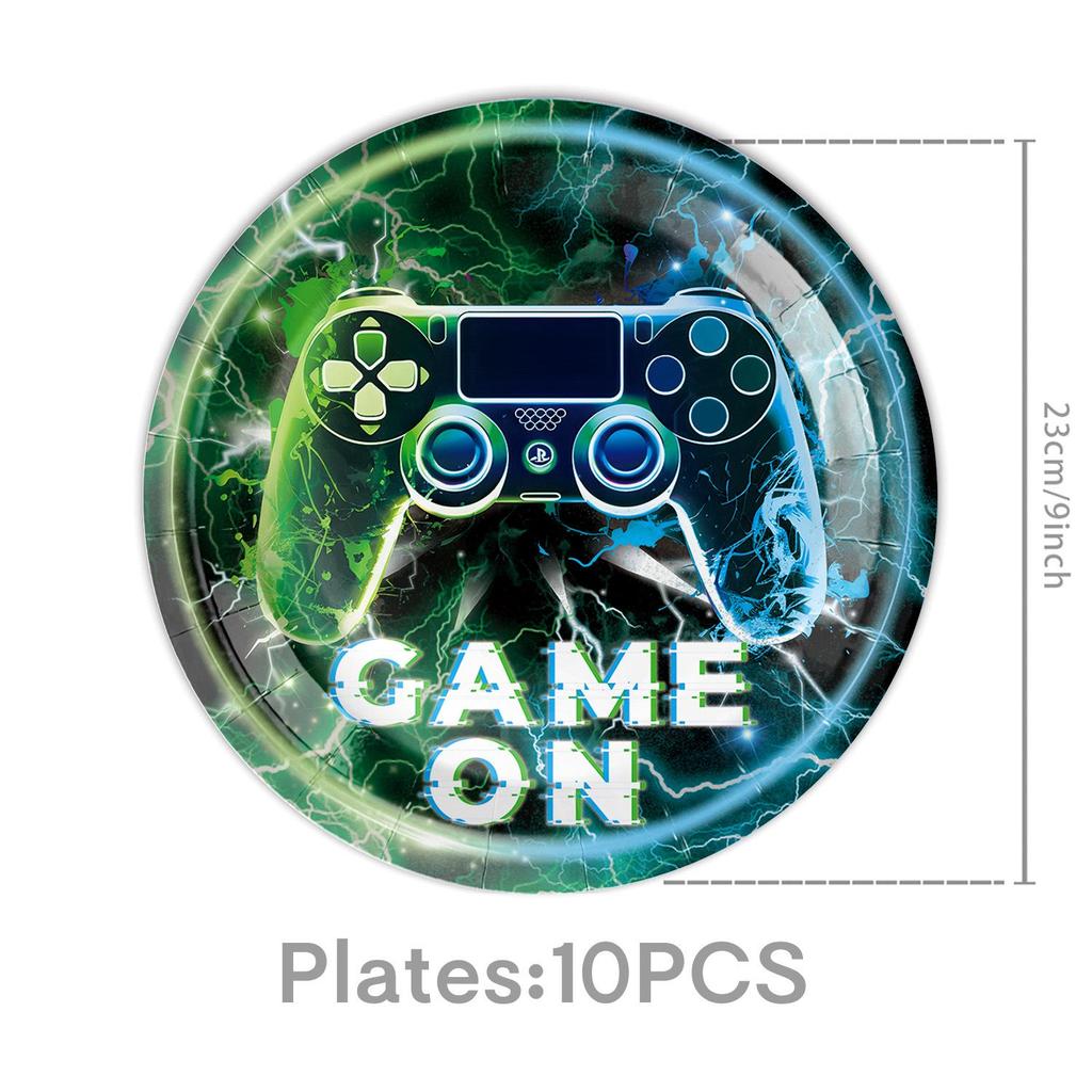 Blue-Green Lightning Glitch Game Controller Birthday Party Tableware Set