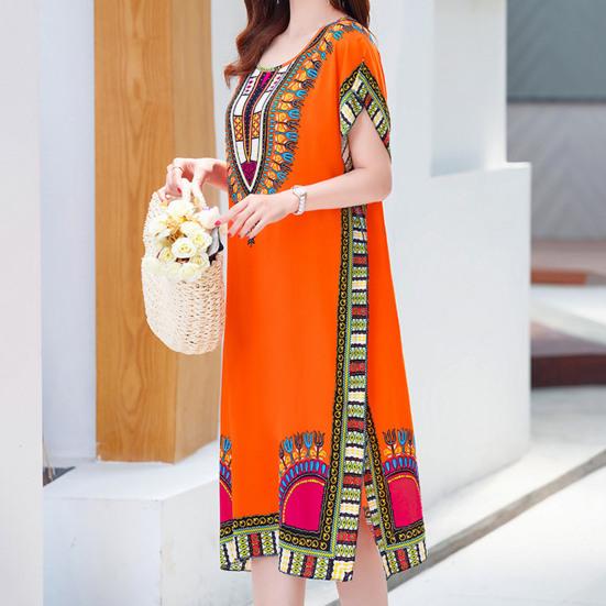 Women Dress Ethnic Style Round Neck Print Contrast Color Geometric Printing Pullover Loose Short Sleeves Midi Dress Women Clothes
