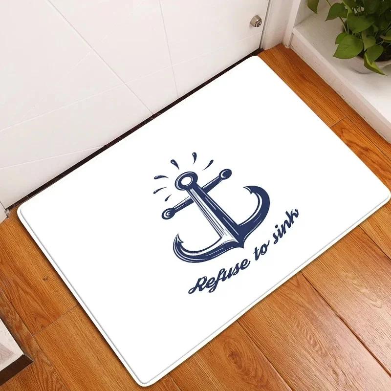1Pc White Anchor & Navy Blue Nautical Washable Door Mat Non Slip Entrance Floor Carpet Easy To Clean Hallway Bath Kitchen Rug