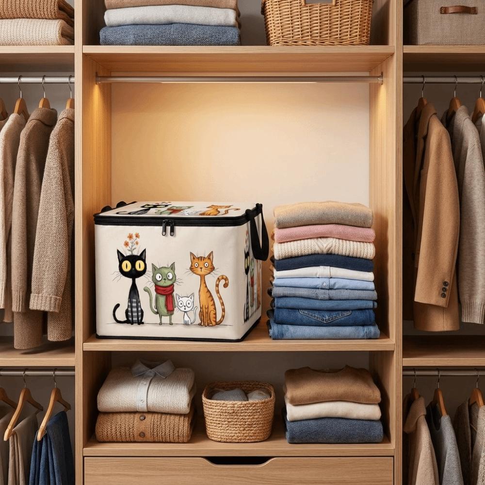 With Lid Foldable Clothes Organizer Large Capacity Cat Pattern Wardrobe Basket Clothing Storage