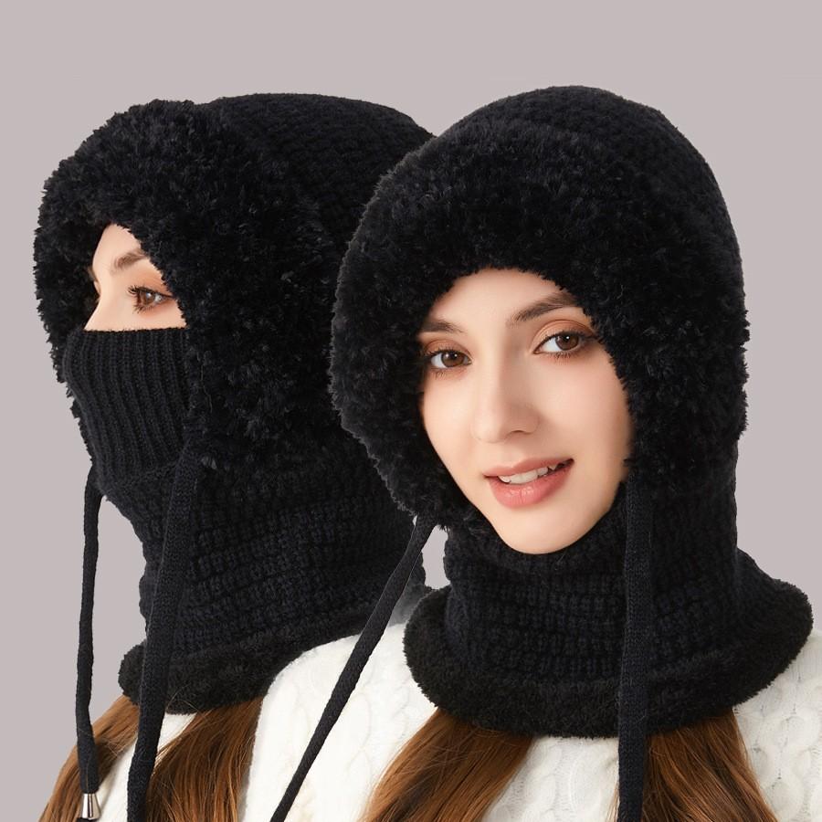 Women's Winter Padded and Thickened Knitted Face-concealing One-piece Hat Solid Color Comfortable Warm Hat