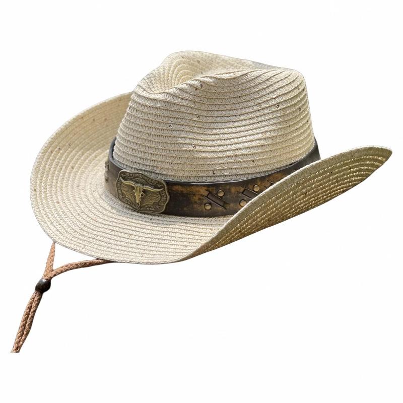 Western Europe, America, cowboy hats, men's and women's spring and summer outdoor travel, sunscreen, sunshade belt, cow head sequined straw hat