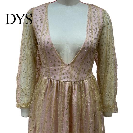 Evening Wear Short Dress Deep V Neck Sequin See-through Mesh A-line Mini Women Long Lantern Sleeves Prom Cocktail Party Sparkling Bead Embellished