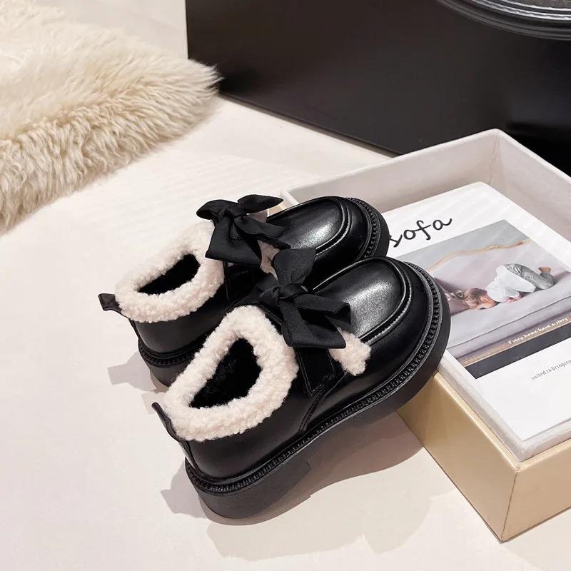 

Детская хлопковая обувь Элегантный тренд Бантик Детская зимняя обувь Модная универсальная Детская повседневная Толстая подошва Кожаная обувь для девочек 26 чёрный