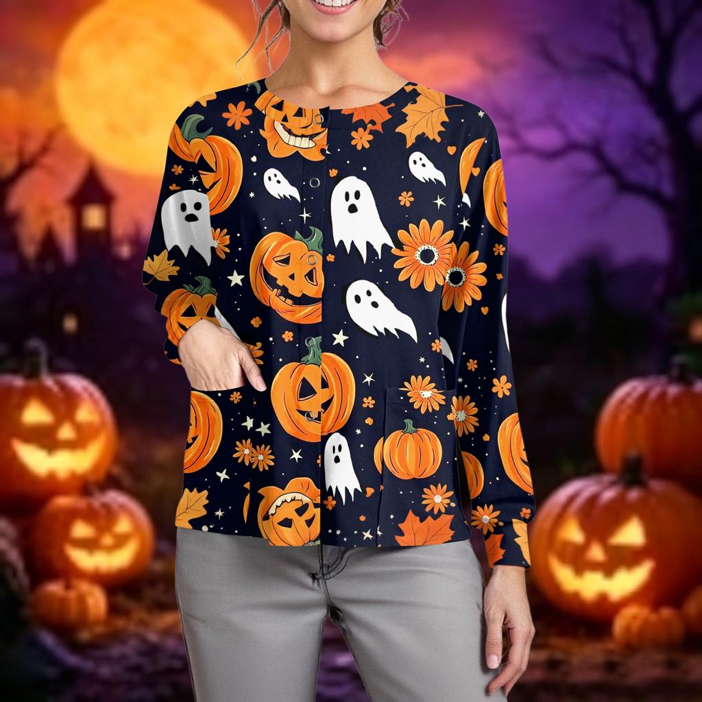 Women Long Sleeve Button Front Cardigan Halloween Print Lightweight Knitwear Pullover Top for Casual Wear and Work