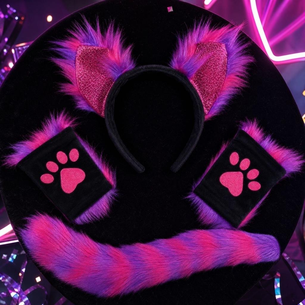 Ear Headband Gloves and Tail Set - 3 Piece Party Costume Accessory for Women