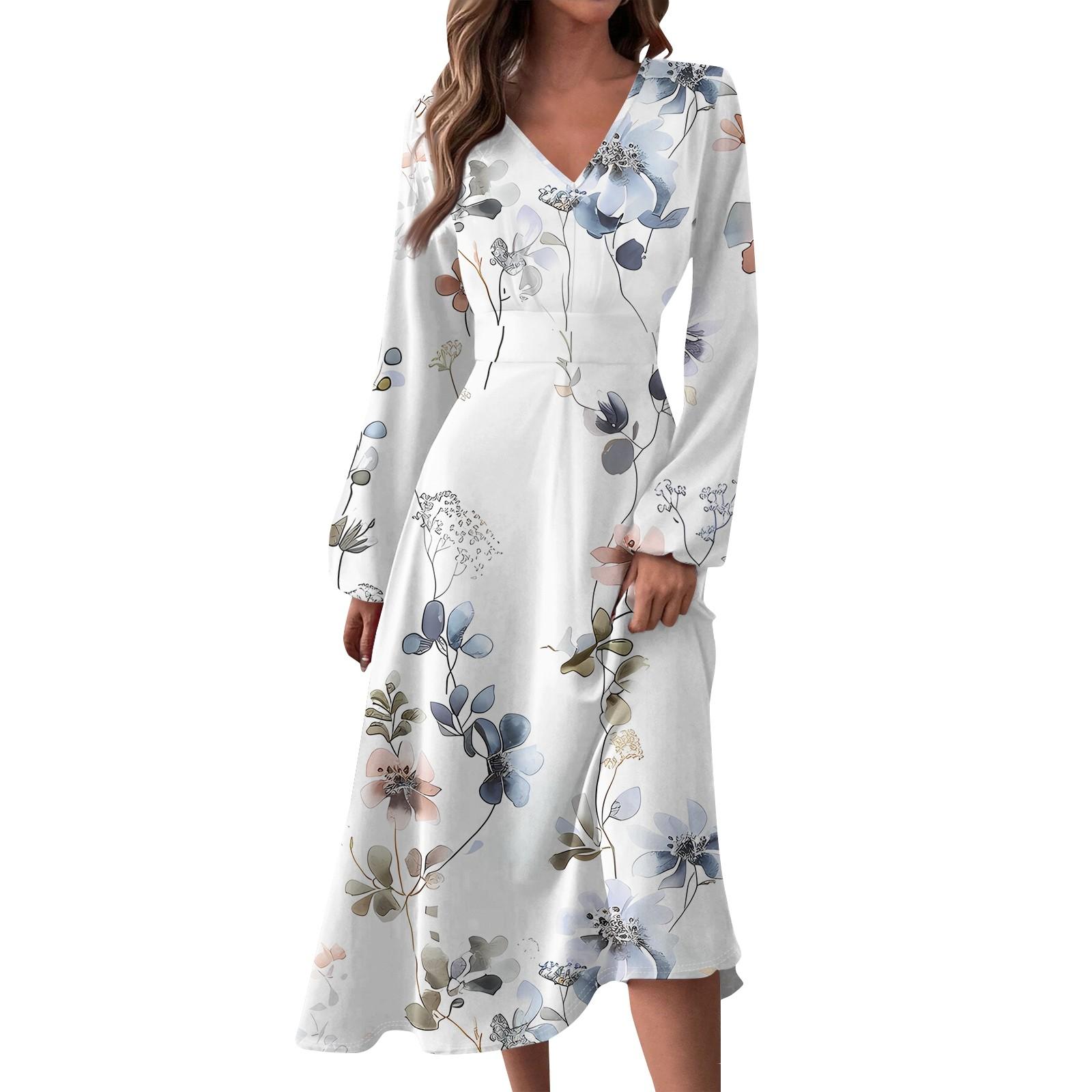 

Женское осенне-зимнее повседневное модное длинное платье с v-образным вырезом и длинным рукавом с принтом XL белый