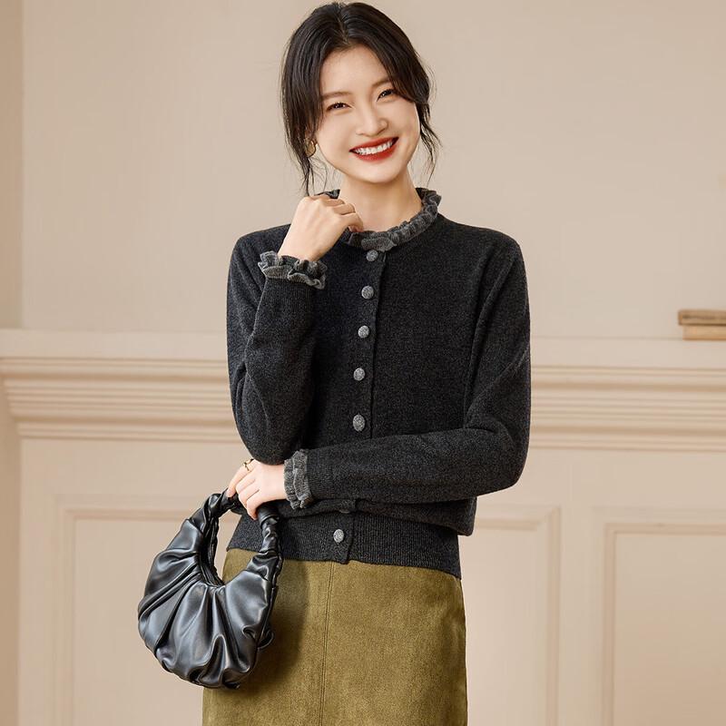 

Srcr Women s Premium Lace Trim 100% Merino Wool Cardigan L