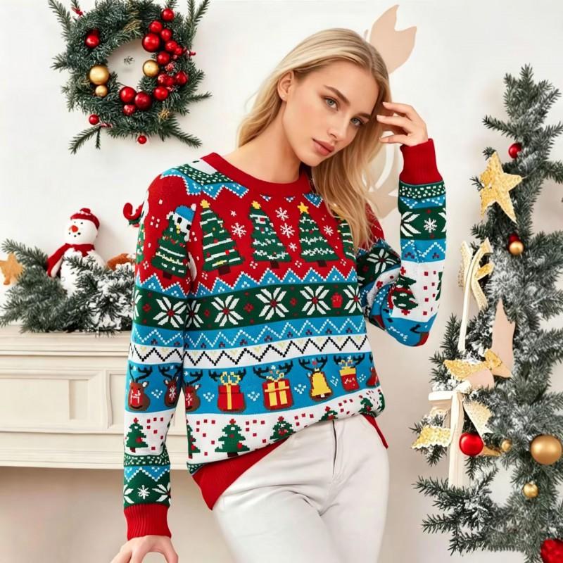 Womens Fair Isle Christmas Sweater Loose Fit Round Neck Long Sleeve Pullover With Snowman Reindeer Print