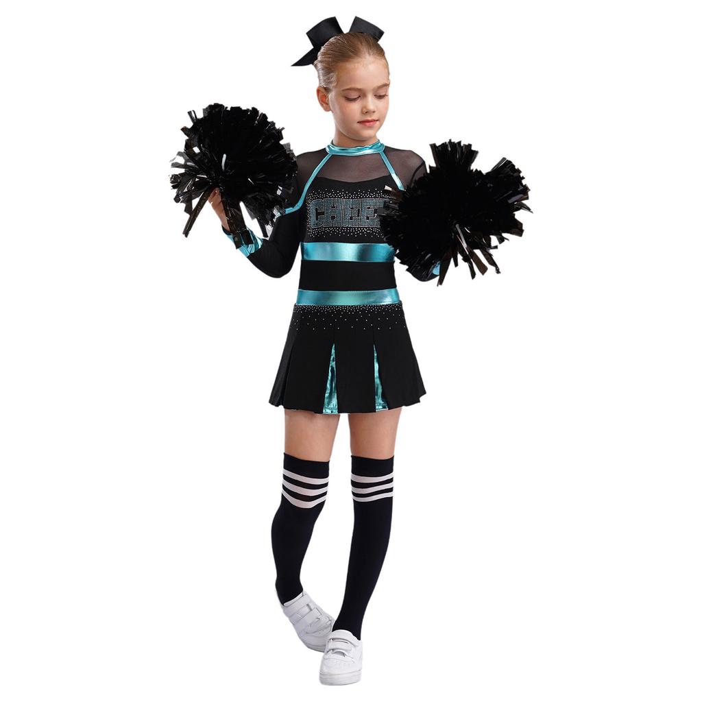 Girls Cheerleading Outfit Rhinestone Letter Design Metallic Color Patchwork Long Sleeve Pleated Dress Set