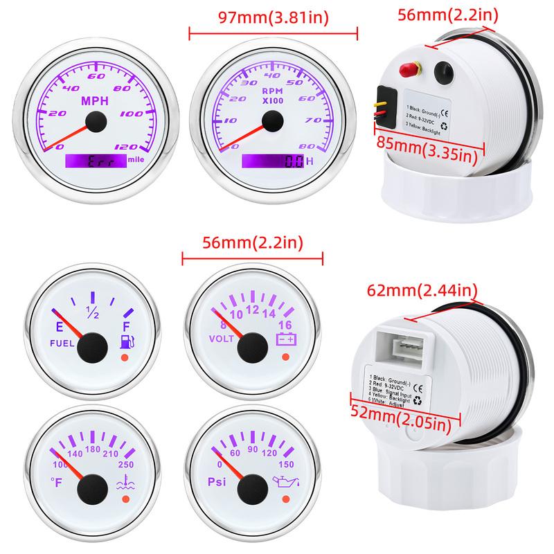 6 Gauge Set Tachometer Fuel Level Oil Pressure Water Temp Voltmeter GPS Speedometer With Sensors For Marine Car Boat Customized