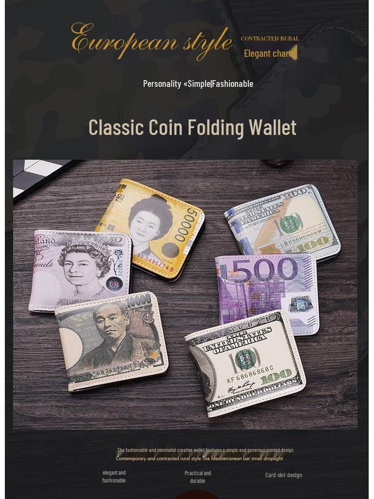 Men's Short Bi-Fold Wallet with Currency Pattern – High-Quality Money Clip & Multi-Card Holder