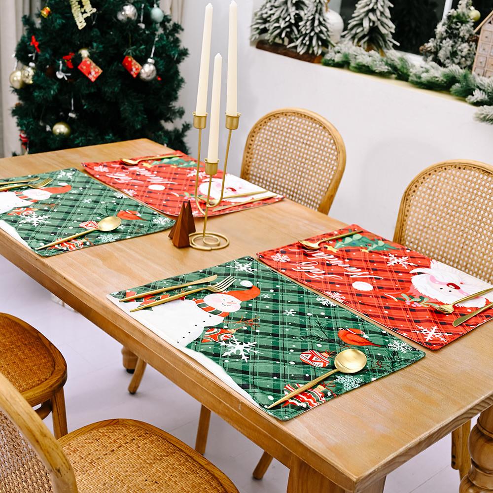 Festive Christmas Placemats With Santa And Snowflakes Red Green Checkered Design For Holiday Celebrations