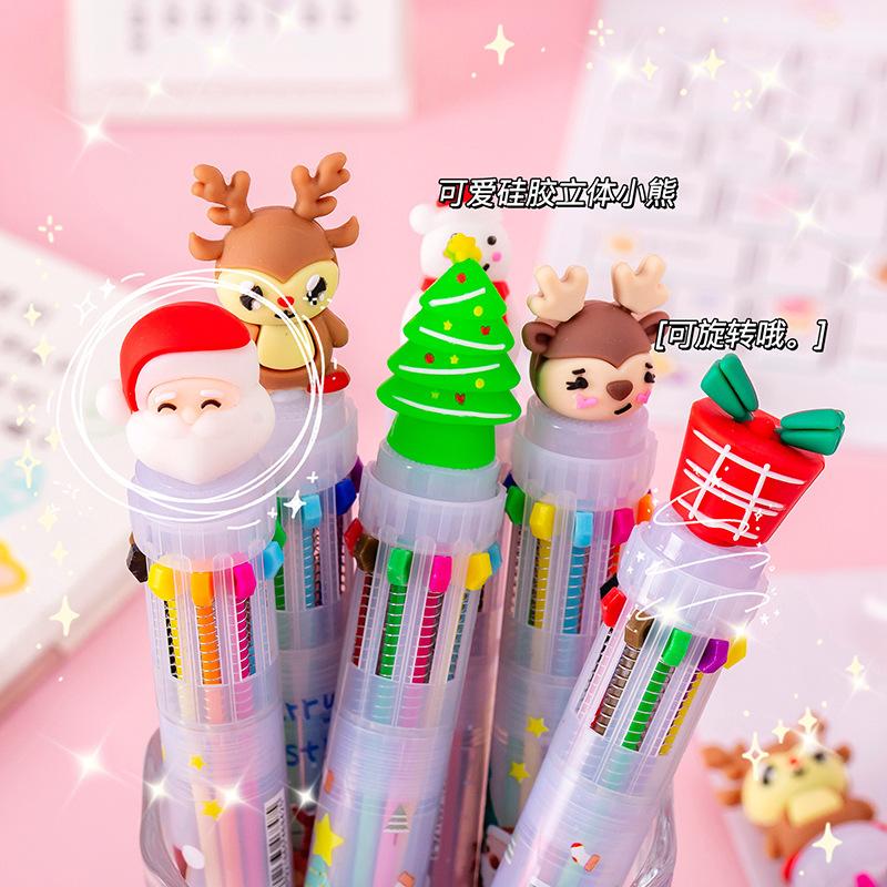 Cartoon Christmas 10-color ballpoint pen Christmas student stationery gift cute press color pen ten-color pen