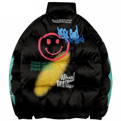 Hip Hop Jacket Parka Happy Graffiti Print Men Windbreaker Streetwear Harajuku Winter Padded Jacket Coat Warm Outwear Thick
