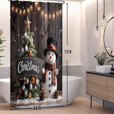 2025 Merry Christmas Shower Curtains Winter Snowman Gingerbread House Xmas Trees Fireplace Waterproof Bathtub Screen with Hooks