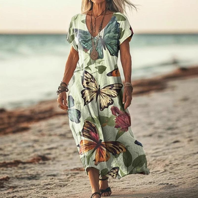 YYFS Women's Fashion Summer Spring Flower Pattern Print Short Sleeve V-Neck Loose Waistline Casual Dresses