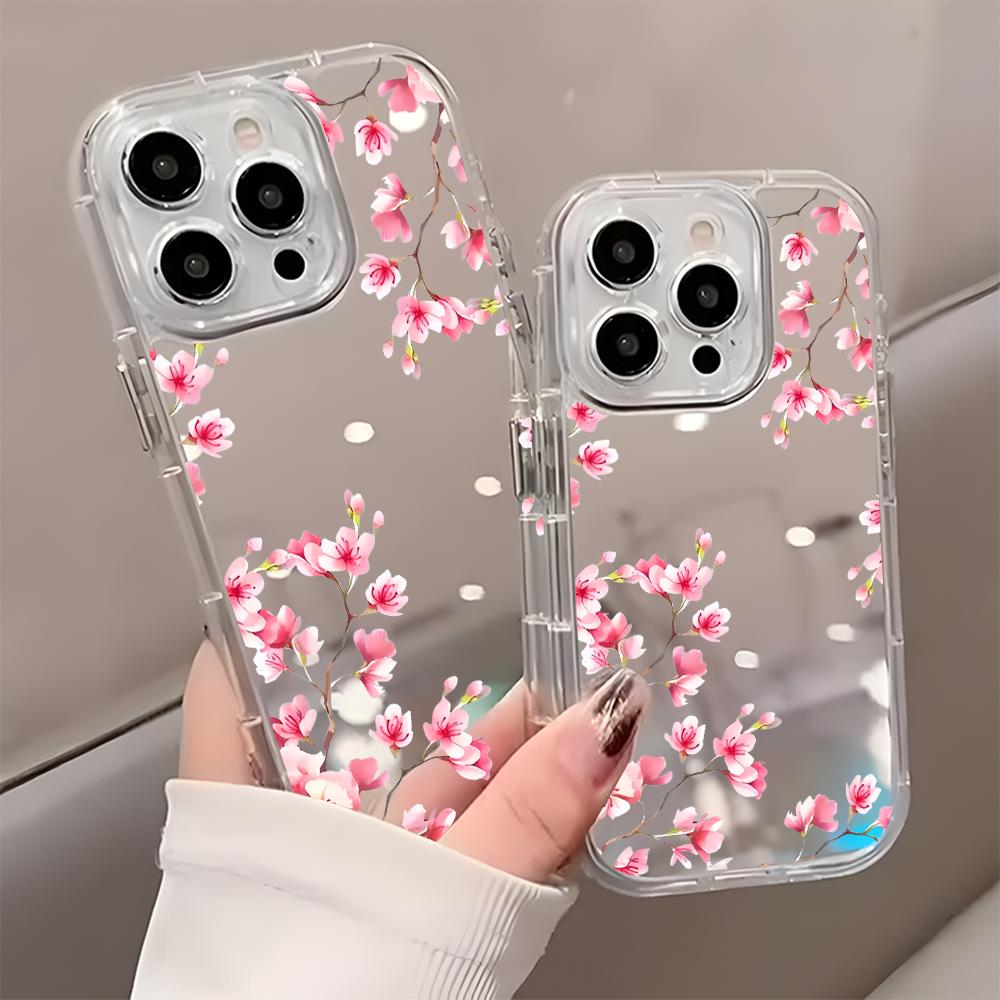 Pink Cherry Blossom Floral Back Mirror Phone Case For iPhone 17 16 15 Pro 14 13 12 11 Pro Max 7 8 Plus 17 Air X XR XS Soft Cover