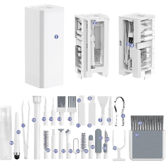 32-in-1 Multi-Functional Cleaning Kit for Electronics inlcuding Headphones,Mobile Phones,Computer,Monitor,Lens and etc, Compact and Portable Design,