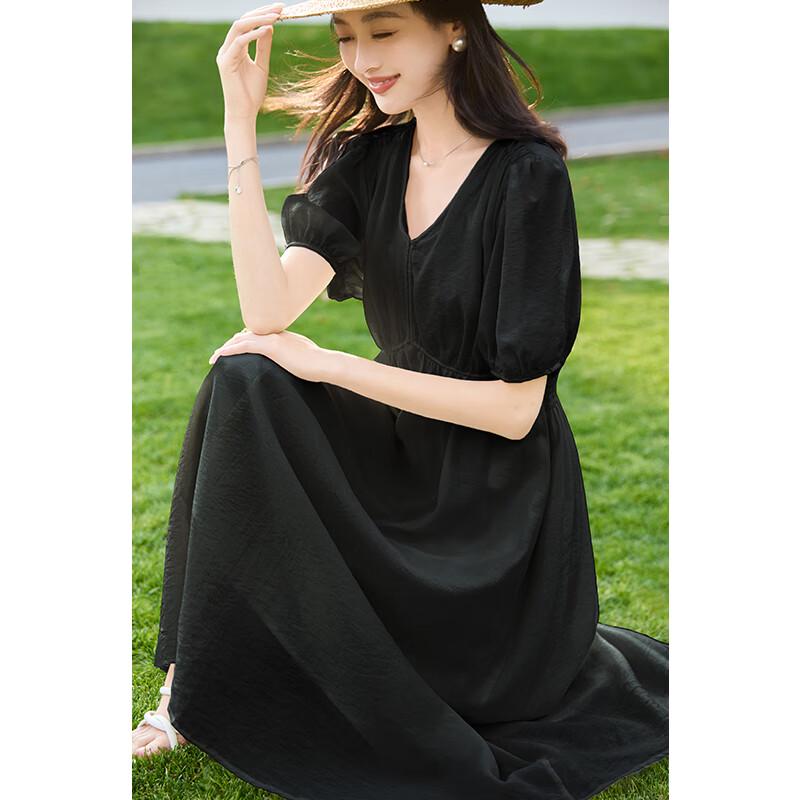 VICTORIA&VERA Women's V-Neck Puff Sleeve A-Line Midi Dress