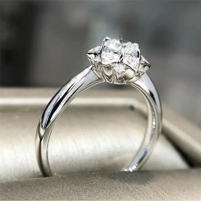 Fashion Female   Sterling Silver Flower Snowflake Round Zircon Crystal Rings for Women Promise Wedding Party