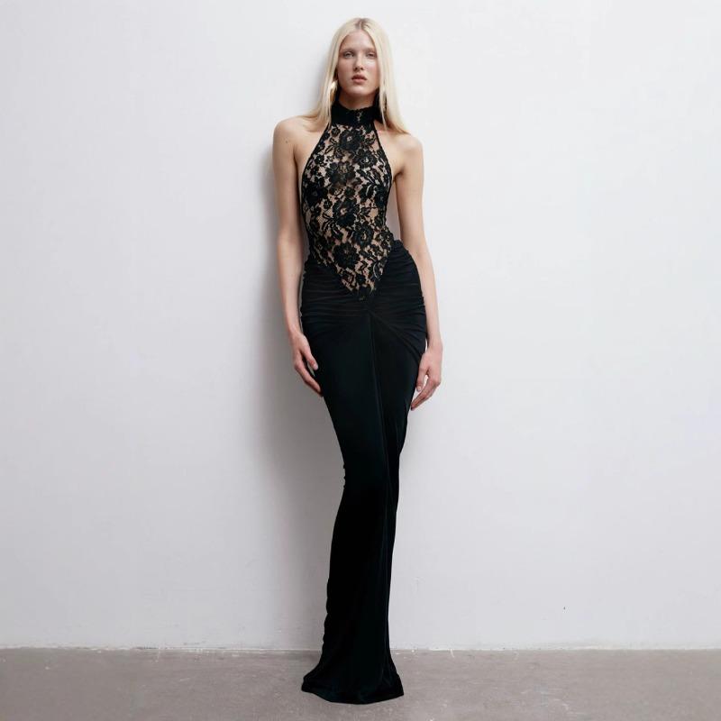 Womens Black Sexy Hollow Out Slim Fit Backless Halter Long Party Dress