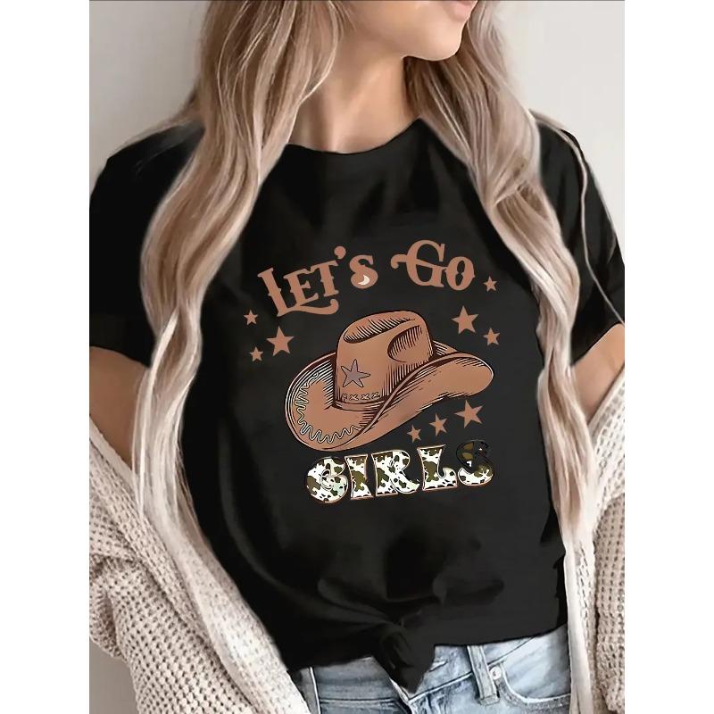 Lightweight and durable short-sleeved T-shirt for women, featuring a fun Western cowboy hat design. It's perfect for casual outing