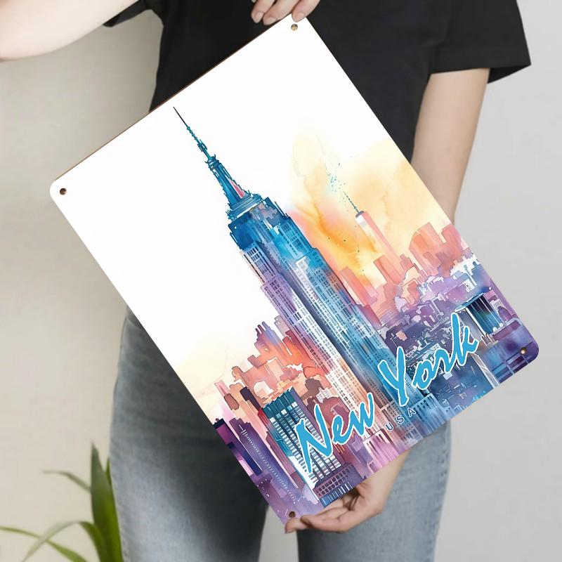 

New York Empire State Building Skyline Watercolor Style Metal Iron Painting Home Wall Decor Mural Art 20x30cm（7.8x11.8inch）