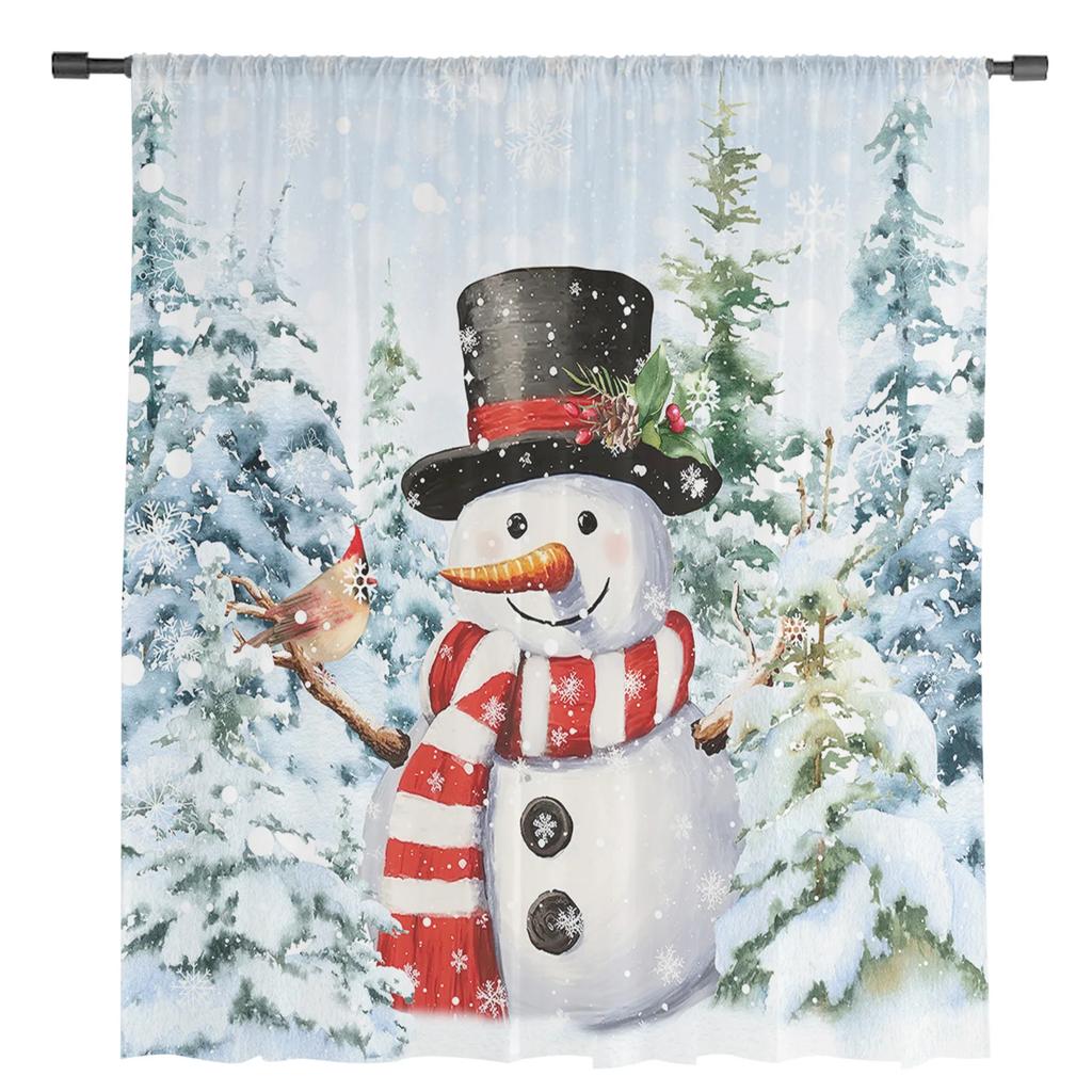 Christmas Snow Scene Snowman Sheer Curtains for Living Room Decoration Window Curtains Kitchen Tulle Voile Curtains