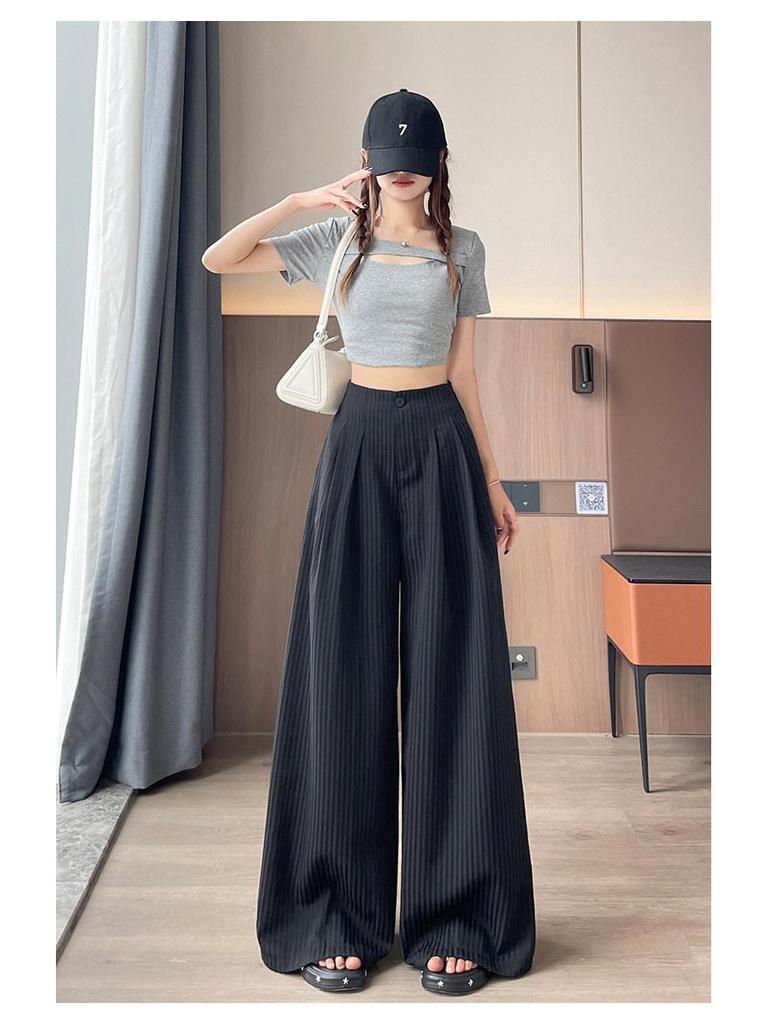 Women's Summer Ice Silk Striped Wide-Leg High-Waisted Pants - Thin, Slimming, Loose, Floor-Length, Casual Straight-Leg.