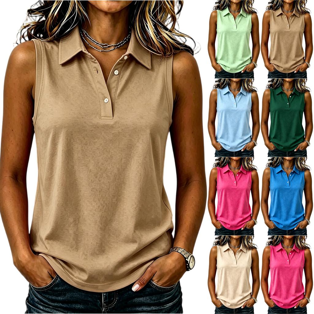 Women Sleeveless Polo Shirt Solid Color Casual Tank Top Button Down Collar Summer Blouse Soft Fabric Lightweight Fit