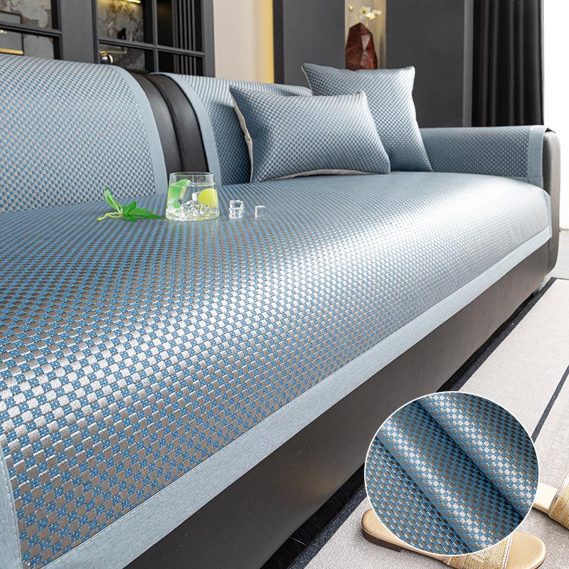 Summer New Light Luxury Ice Rattan Mat Sofa Cushion Cover Cloth Summer Ice Silk Mat Fixed Non-Slip Seat Cushion