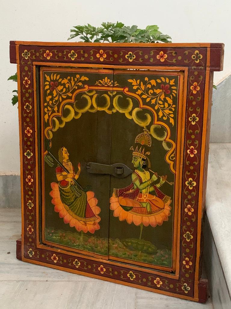 Antique Hand-Painted Krishna Wooden Window Frame: Indian Religious Decor