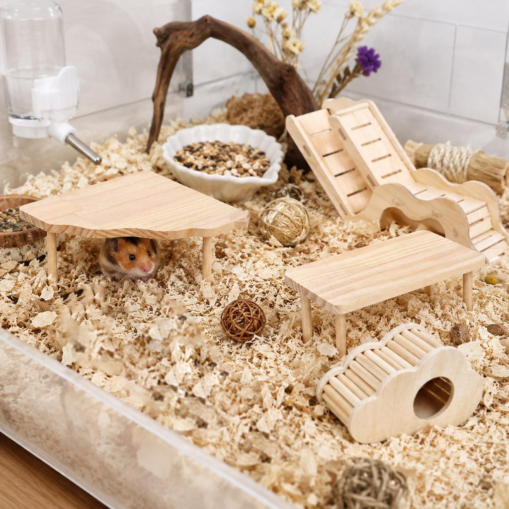 Holz-Kleintier-Spielset Dreiecksplattform Rampe Leiter Versteckhaus Set für Hamster Rennmäuse Mäuse Kleintiere
