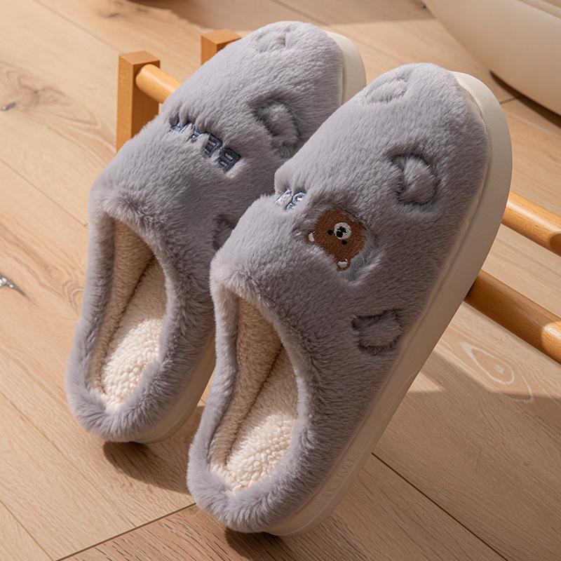 Cotton slippers embroidered autumn and winter indoor home dormitory thick bottom warm velvet couple hair slippers