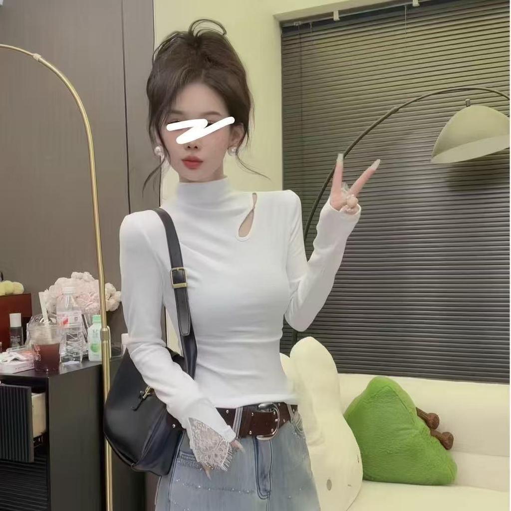 Korean Semi-High Neck Lace Long Sleeve Women's Top - 2025 Autumn/Winter Slimming Brushed Design