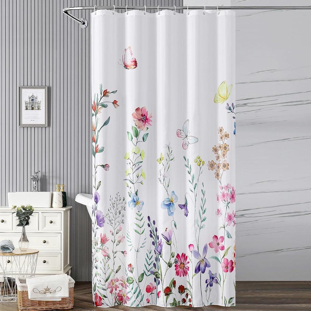 Floral Bathroom Shower Curtain with 12 Hooks,  Polyester Fabric Plant Shower Curtain for Bathroom,  Machine Washable Quick Dry