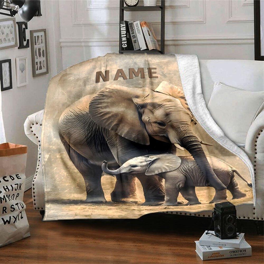 Elephant And Calf Walking Together In A Ured Background With Overlay Gift Customizable Blanket Personalized Name Comfortable Suitable For Sofa Couch